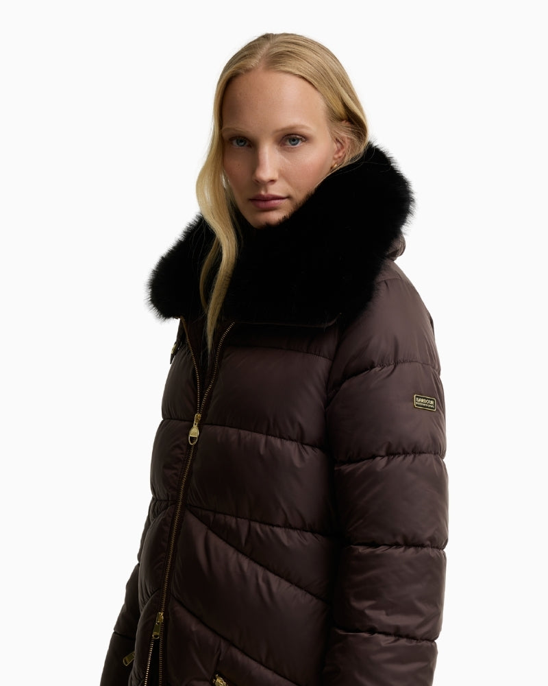Barbour Cyrus Longline Puffer Jacket in brown faux fur collar detail