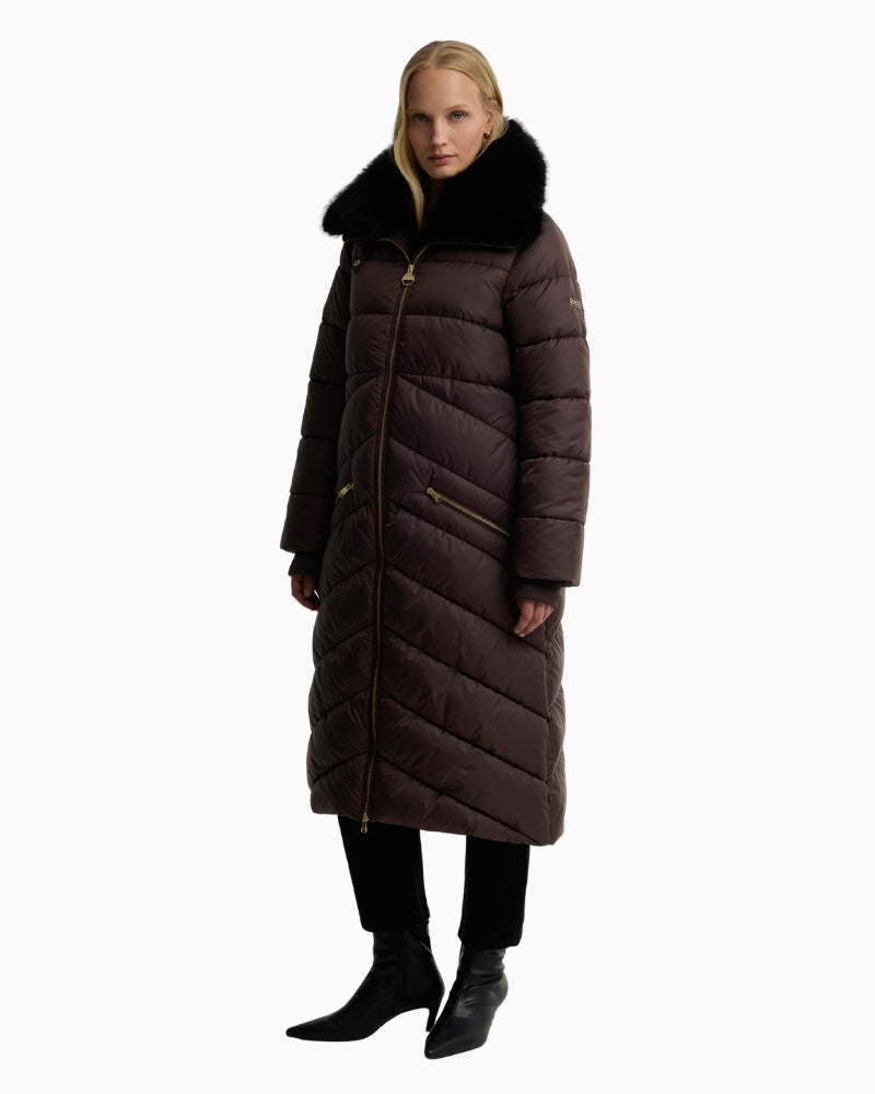 Barbour Cyrus Longline Puffer Jacket in brown side view