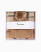 Barbour Dover Beanie & Hailes Scarf Gift Set in Beige gift box presentation