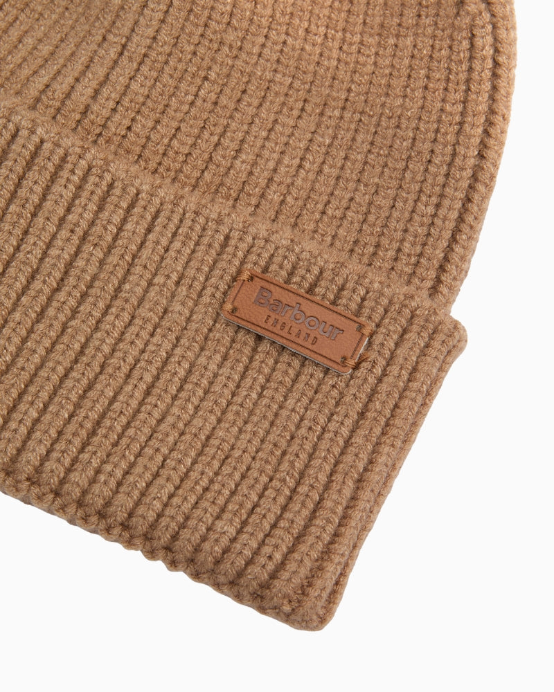 Barbour Dover Beanie in Beige logo badge detail
