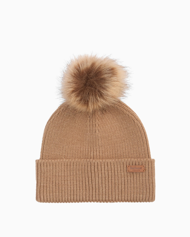 Barbour Dover Beanie in Beige with faux fur pom front view