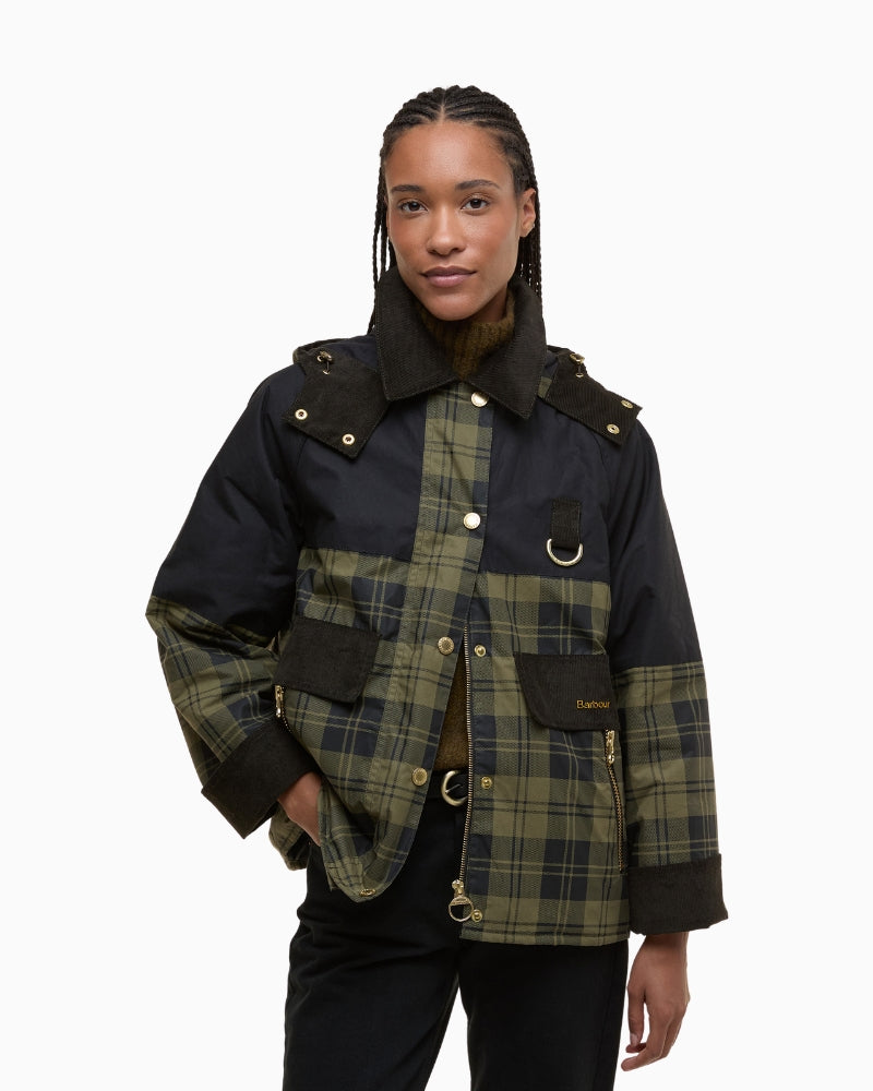 Front view of Barbour Elaine Sproof jacket in olive check with hood and popper closure