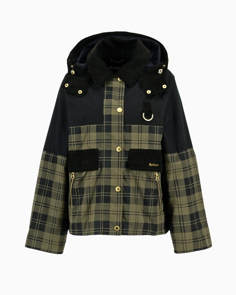 Flat lay view of Barbour Elaine Sproof jacket in olive check with hood and popper closure