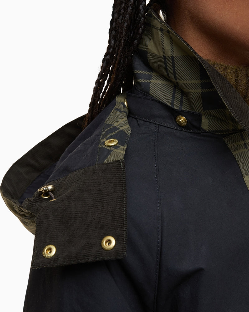 Hood detail of Barbour Elaine Sproof showing shape and structured stitching
