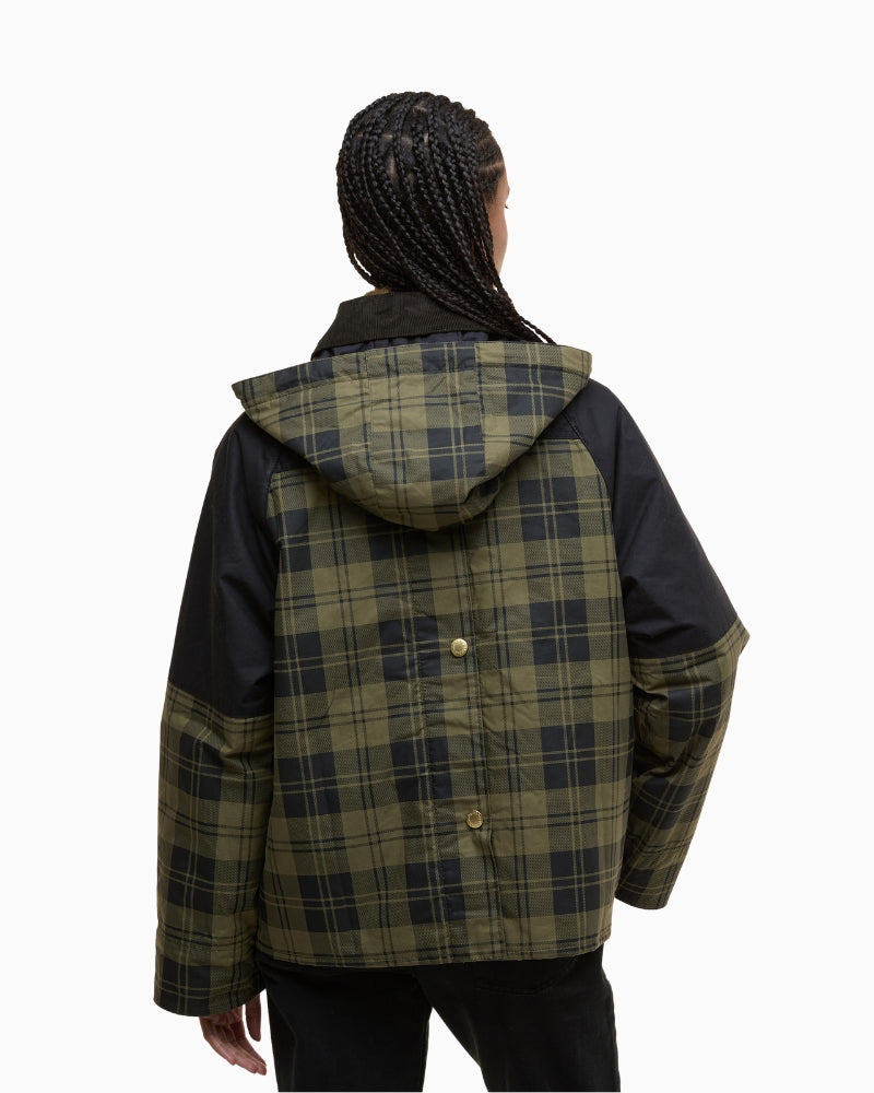 Back view of women’s Barbour check jacket showing lightweight fit and hip length