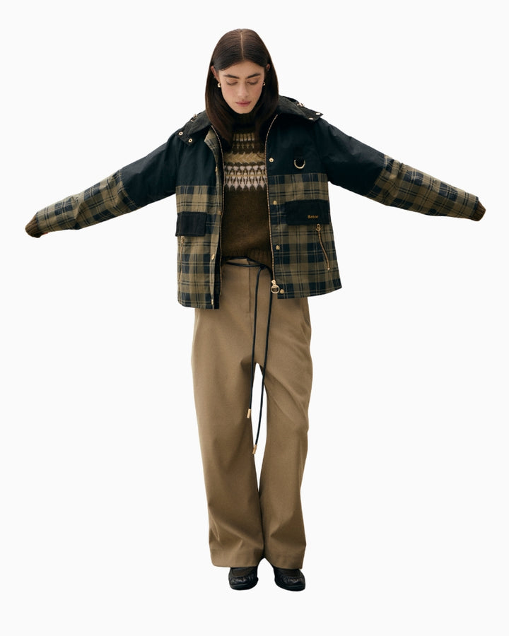 Barbour Elaine Sproof Jacket opened worn with pants and inner sweater