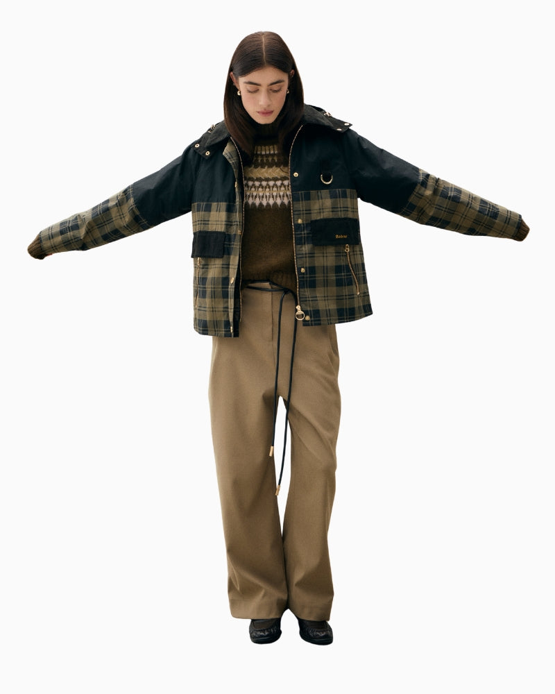 Barbour Elaine Sproof Jacket opened worn with pants and inner sweater