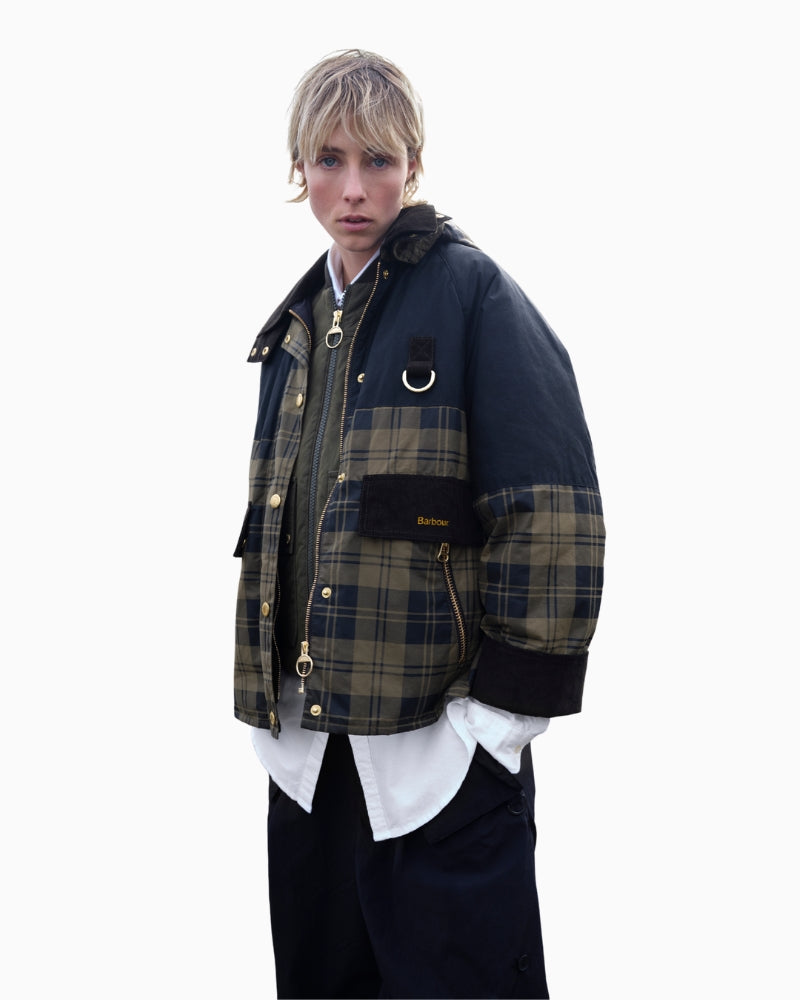 Model wearing Barbour Elaine Sproof styled with white shirt