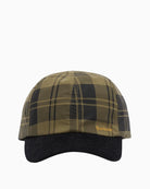 Front view of Barbour Elaine tartan cap in olive, six-panel design