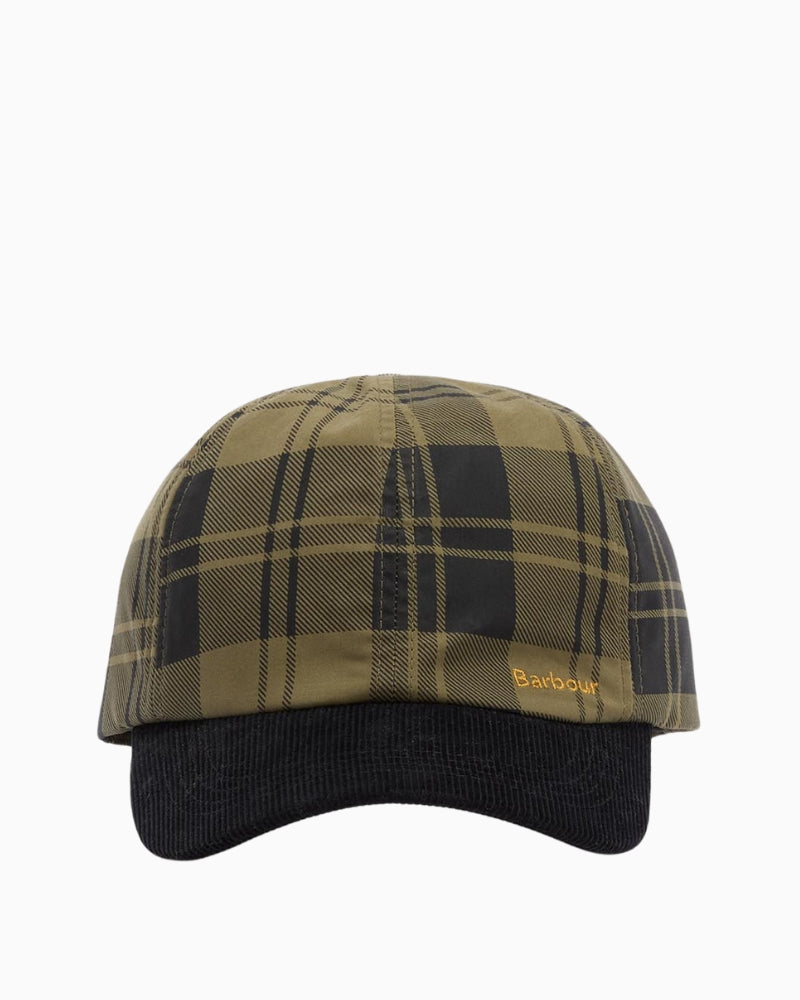 Front view of Barbour Elaine tartan cap in olive, six-panel design
