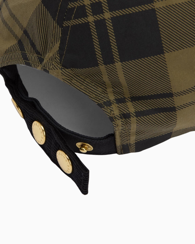 Close-up of corduroy peak and tartan cotton fabric on Barbour Elaine cap
