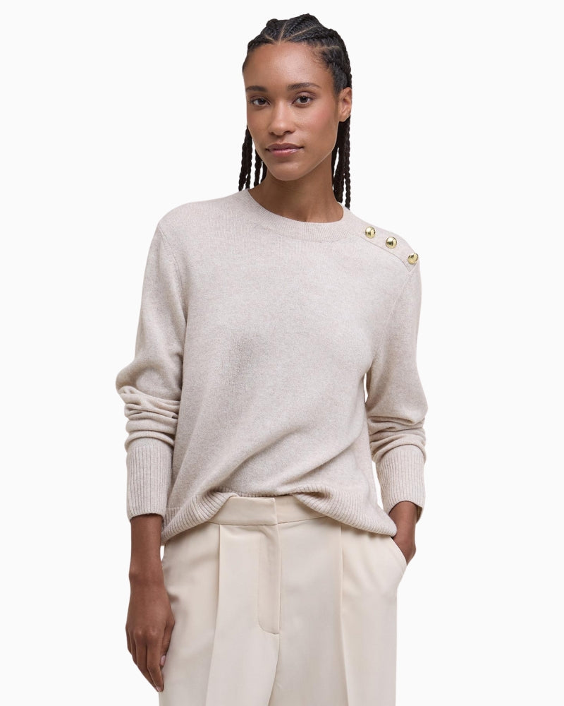 Front view of Barbour Eleanor oatmeal crew neck jumper with button detail at shoulder