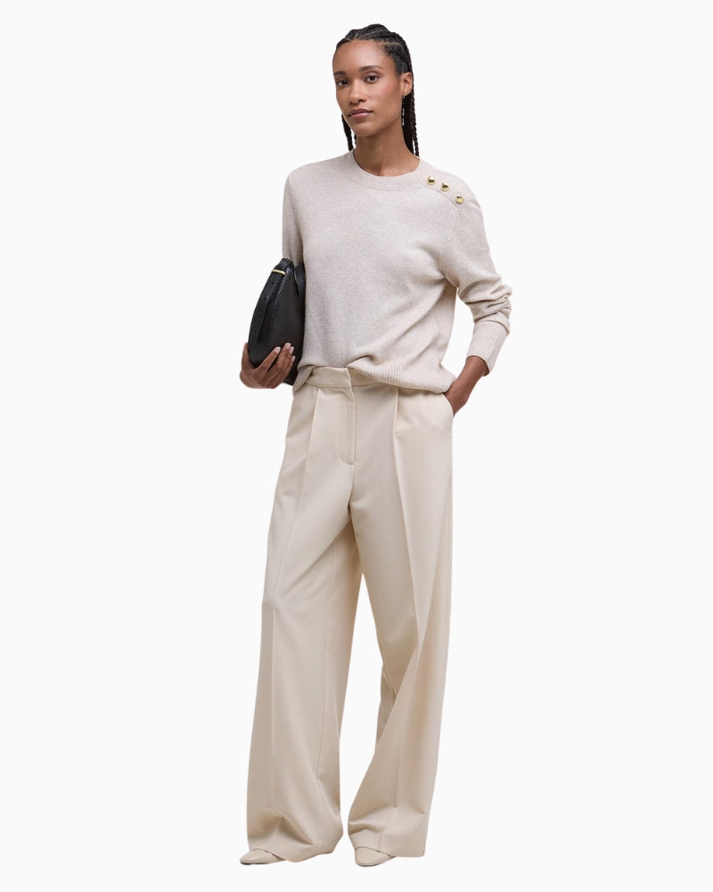 Lifestyle shot of Eleanor crew neck jumper styled with jeans for casual wear