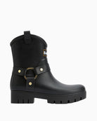 Side view highlighting harness strap and branded rivets on rubber upper