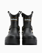 Barbour Elley Harness Wellington Boots in black, front profile with ring detail
