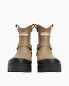 Beige wellies showing harness strap and branded rivets