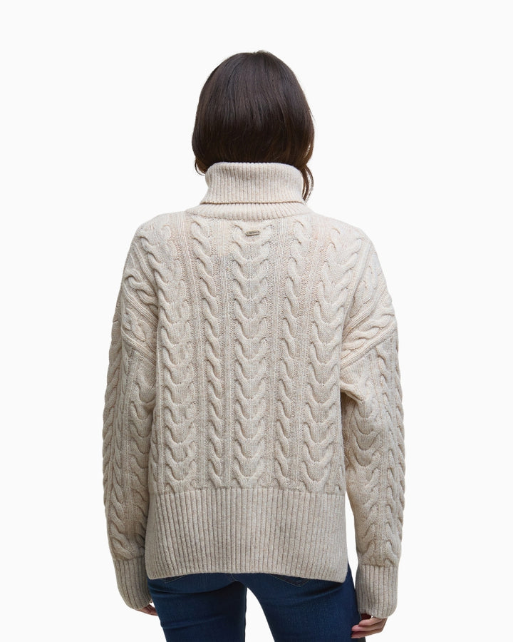 Back view of Barbour jumper in birch showing ribbed hem and subtle branding