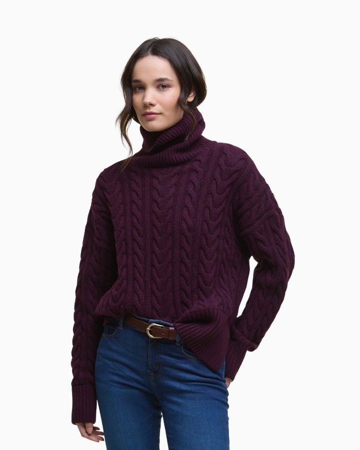 Barbour Embleton cable-knit rollneck jumper in black cherry wool blend