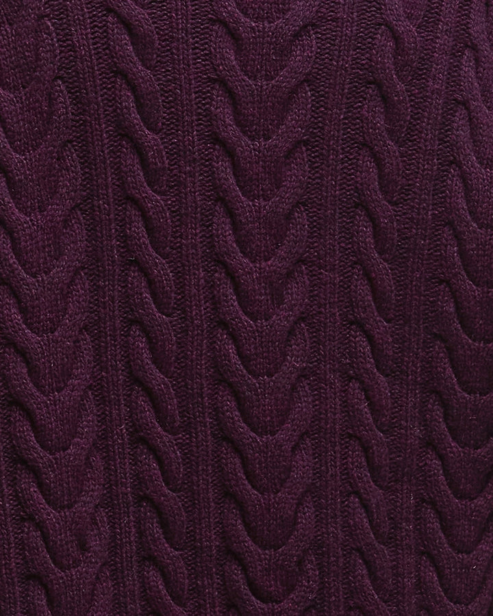 Close-up of cable knit detail on black cherry Barbour jumper