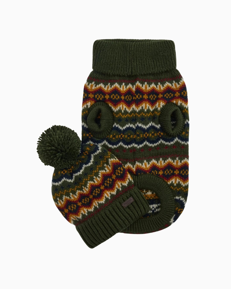 Barbour Fair Isle Dog Gift Set with olive knitted jumper and matching hat
