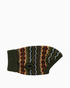 Side view of Barbour olive Fair Isle dog jumper with patterned knit and badge detail