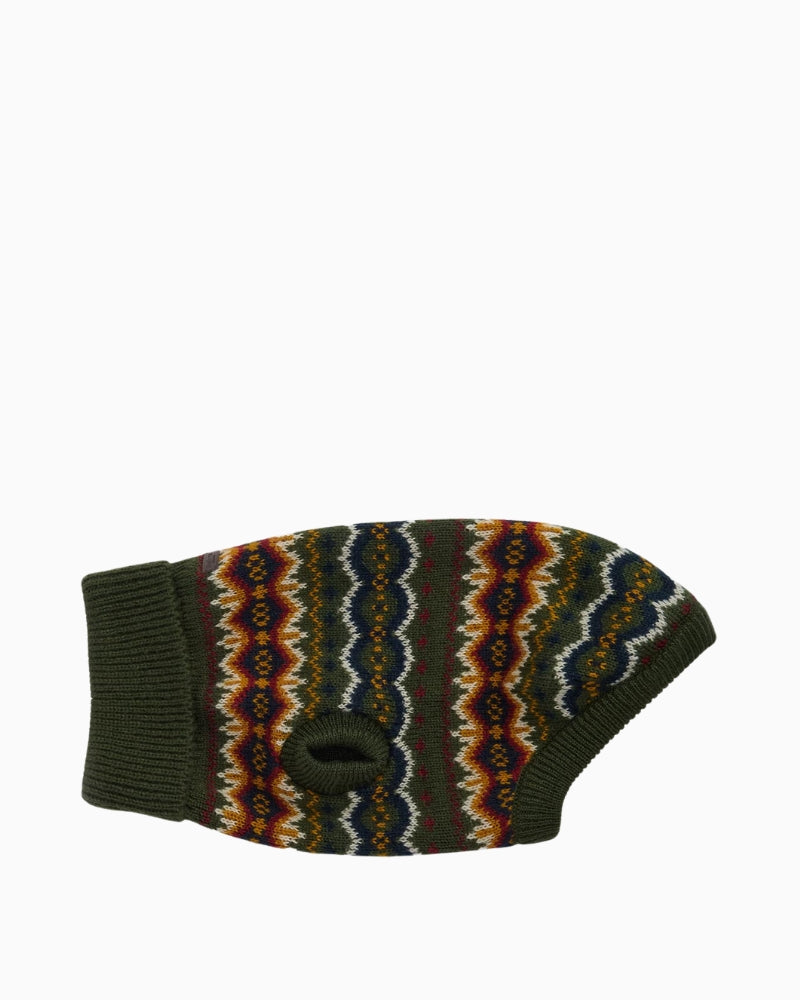 Side view of Barbour olive Fair Isle dog jumper with patterned knit and badge detail