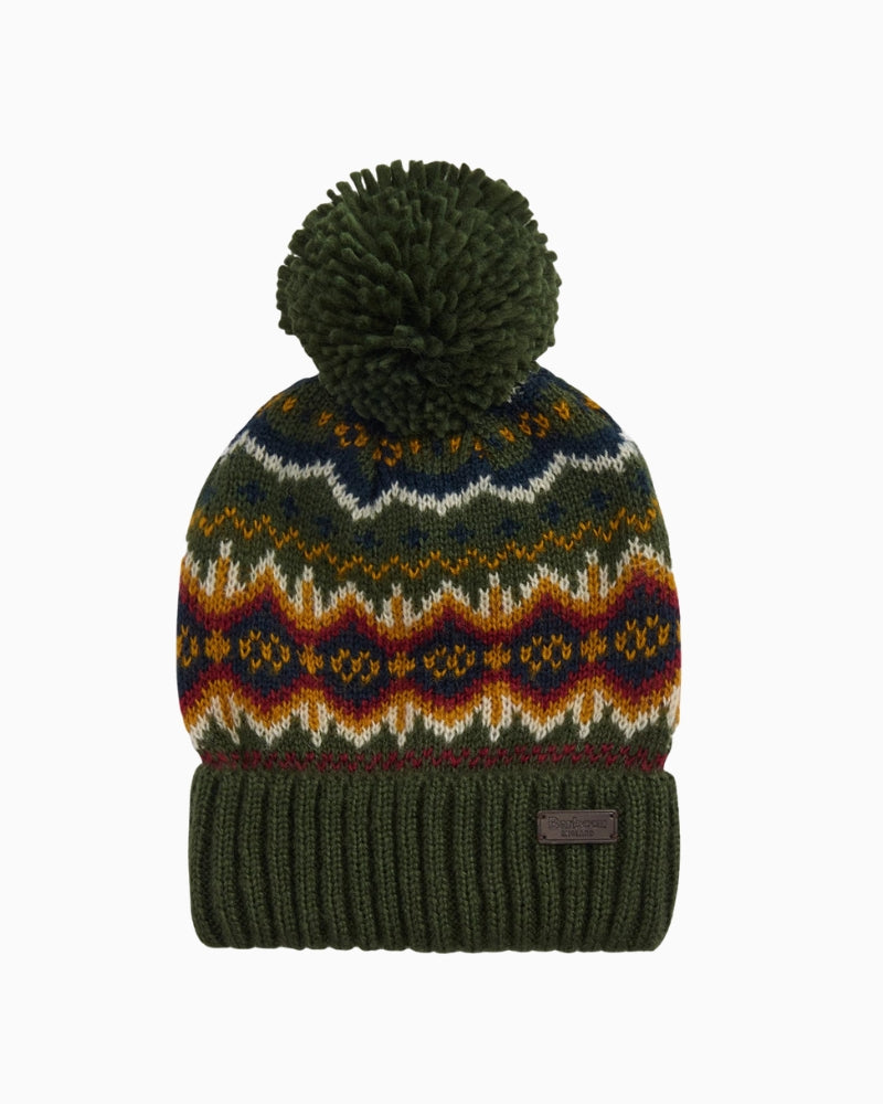 Matching Barbour Fair Isle hat in olive with embossed badge on hem