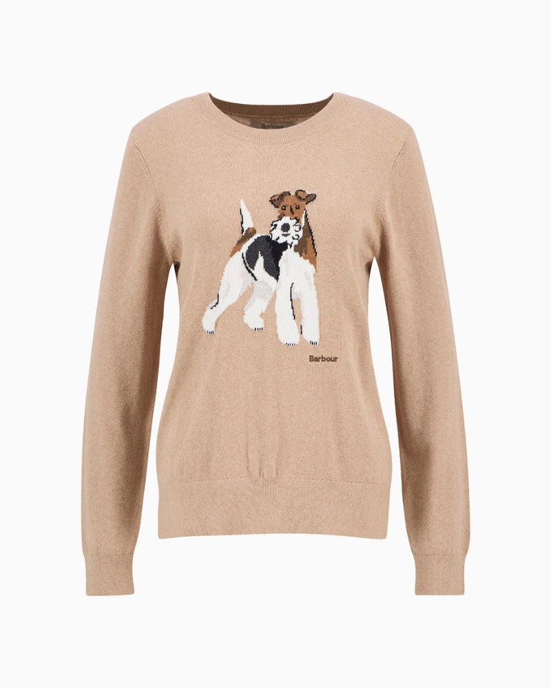 Front view of Barbour Fareham jumper in camel with dog motif