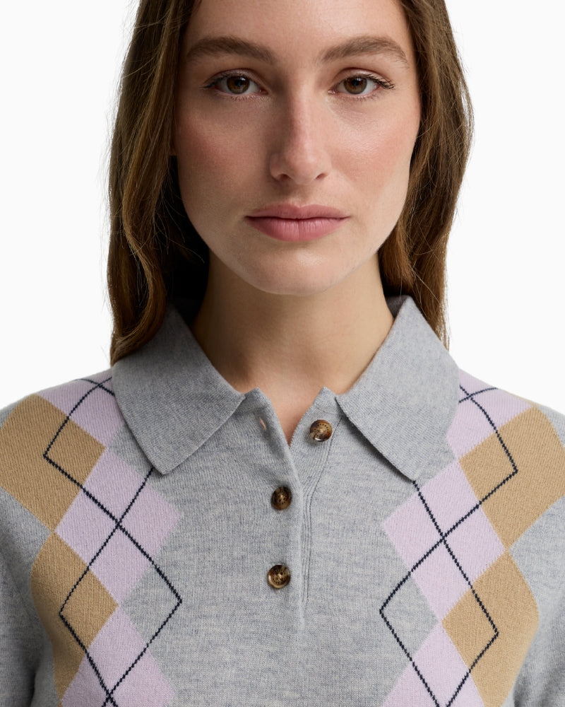 Barbour Fawne Jumper Grey collar and argyle detail