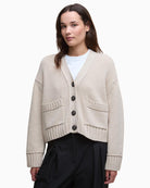 Front view of Barbour Faye wool blend cardigan in chunky knit with V-neck and buttons
