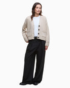 Model wearing Barbour Faye cardigan with relaxed fit and dropped shoulders