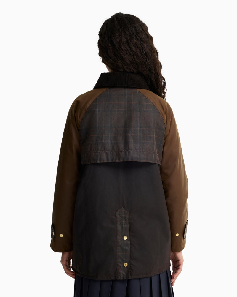 Barbour Felton Checked Wax Jacket in Dark Brown back view
