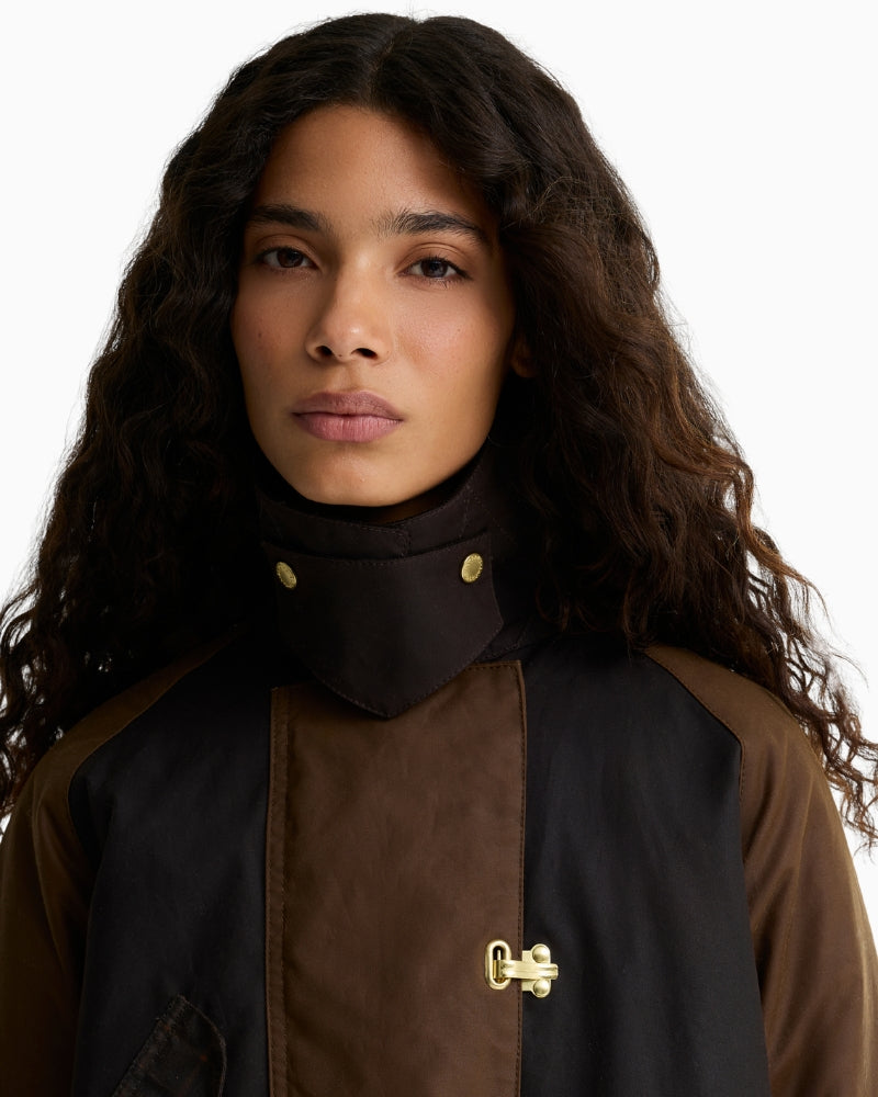 Barbour Felton Checked Wax Jacket in Dark Brown collar and clasp detail