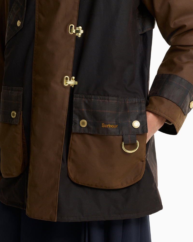 Barbour Felton Checked Wax Jacket in Dark Brown pocket detail