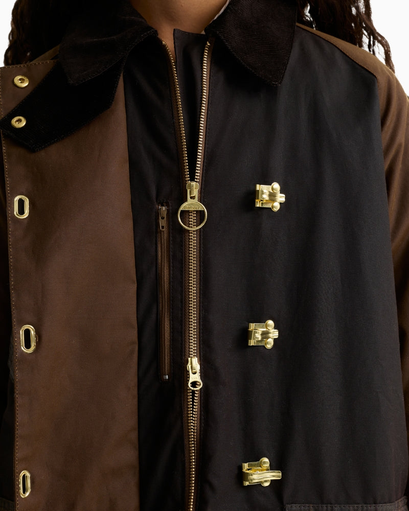Barbour Felton Checked Wax Jacket in Dark Brown zip and clasp detail
