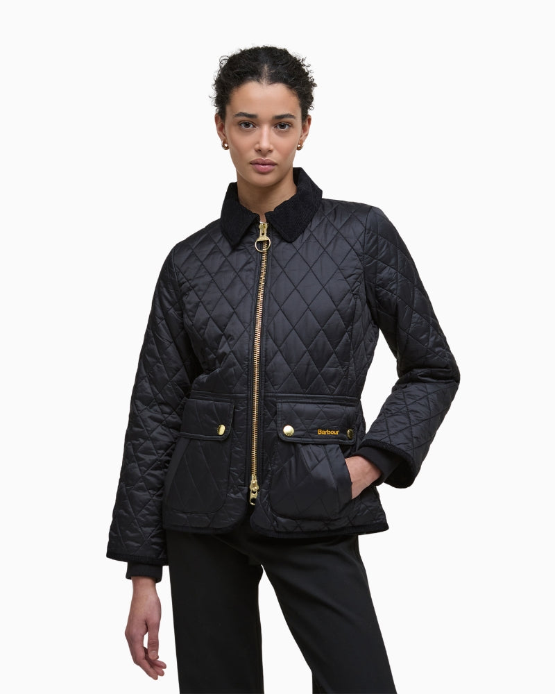 Barbour Fitted Beadnell Quilted Jacket in black – front view with snap‑flap pockets