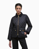 Barbour Fitted Beadnell Quilted Jacket in black – front view with snap‑flap pockets