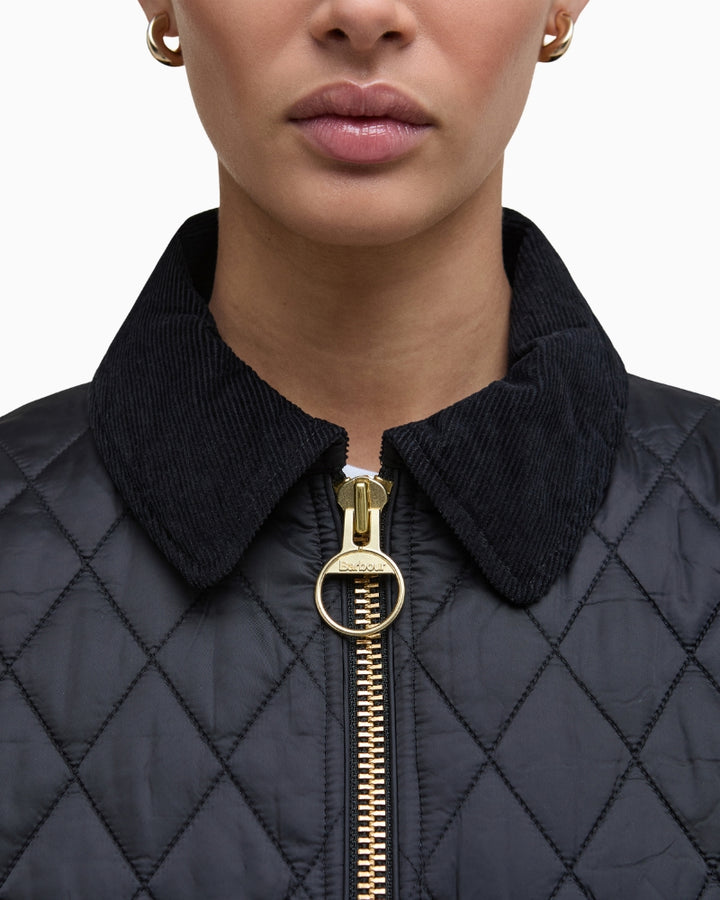 Close-up of cord collar  and diamond stitching