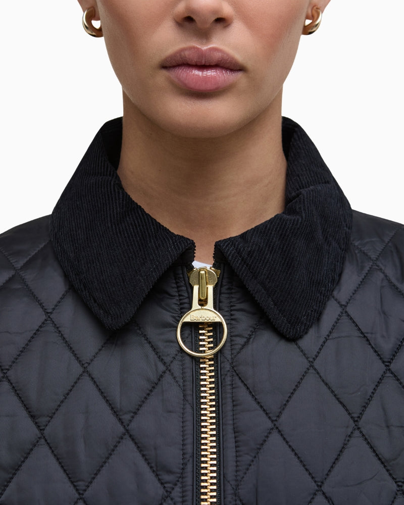 Close-up of cord collar  and diamond stitching