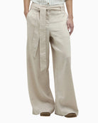 Barbour Gabby Wide-Leg Trousers beige front view with belt