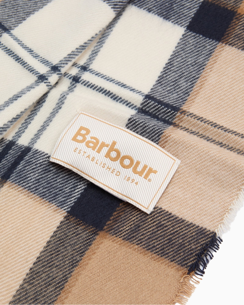 Barbour Hailes Scarf in Beige branded label detail