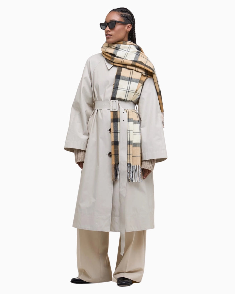 Woman wearing Hailes Tartan Scarf draped over shoulders