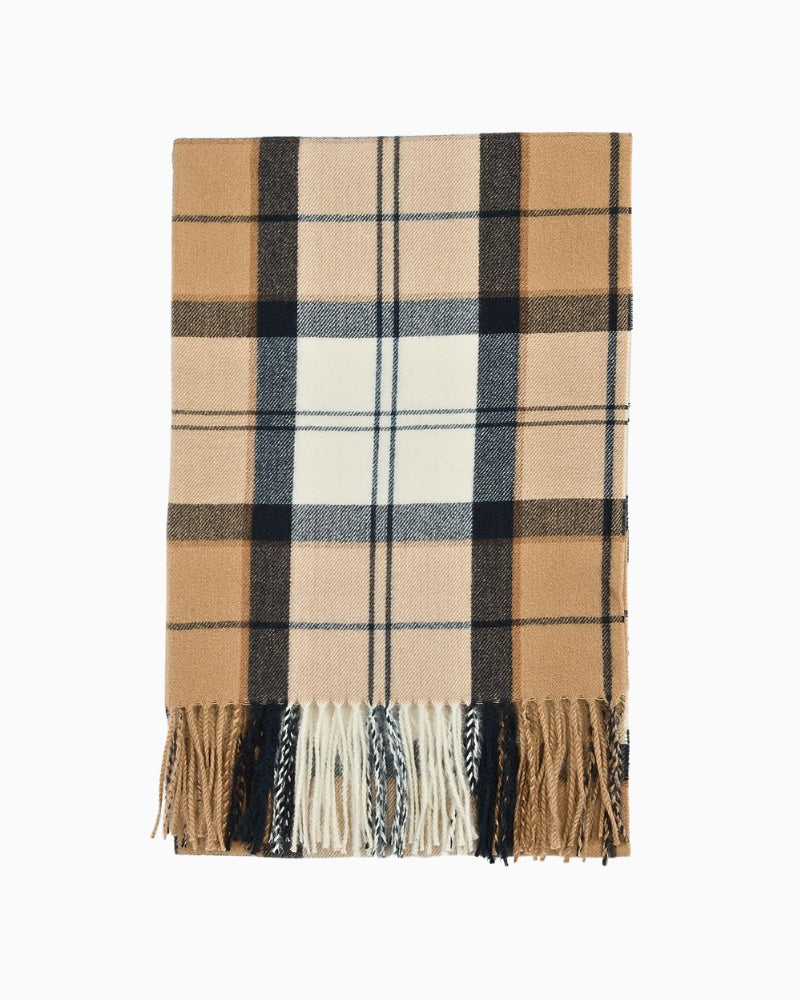 Barbour Hailes scarf folded with woven logo badge visible on reverse