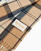 Detail of soft woven yarn and check pattern on Hailes scarf