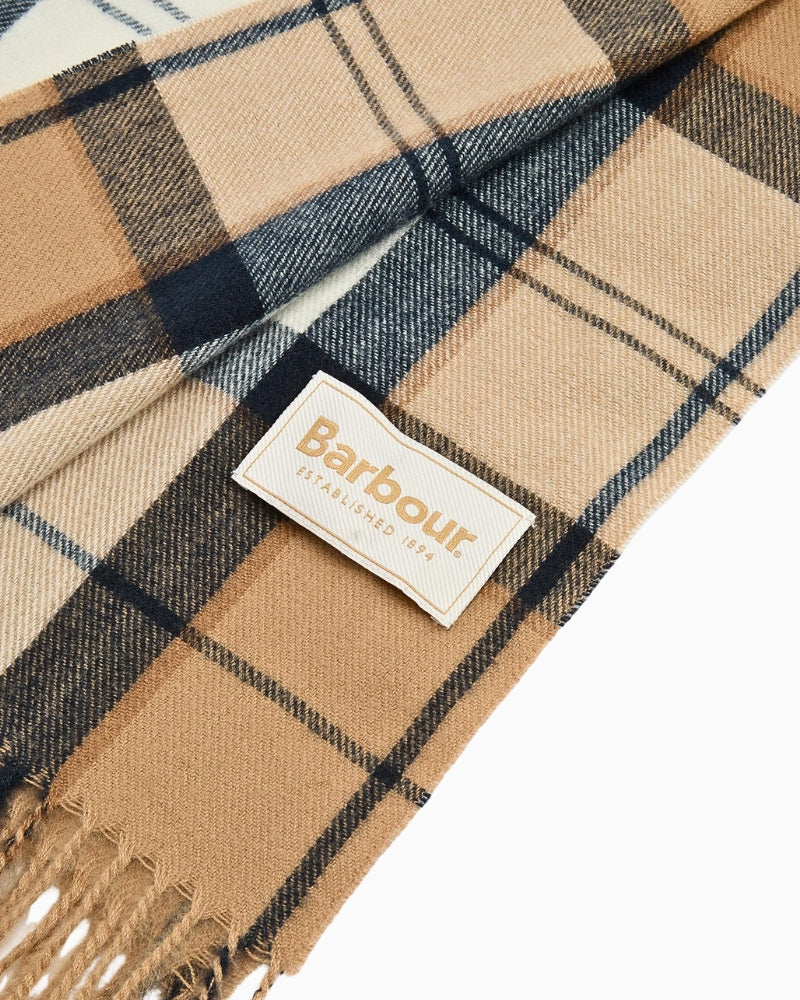 Detail of soft woven yarn and check pattern on Hailes scarf