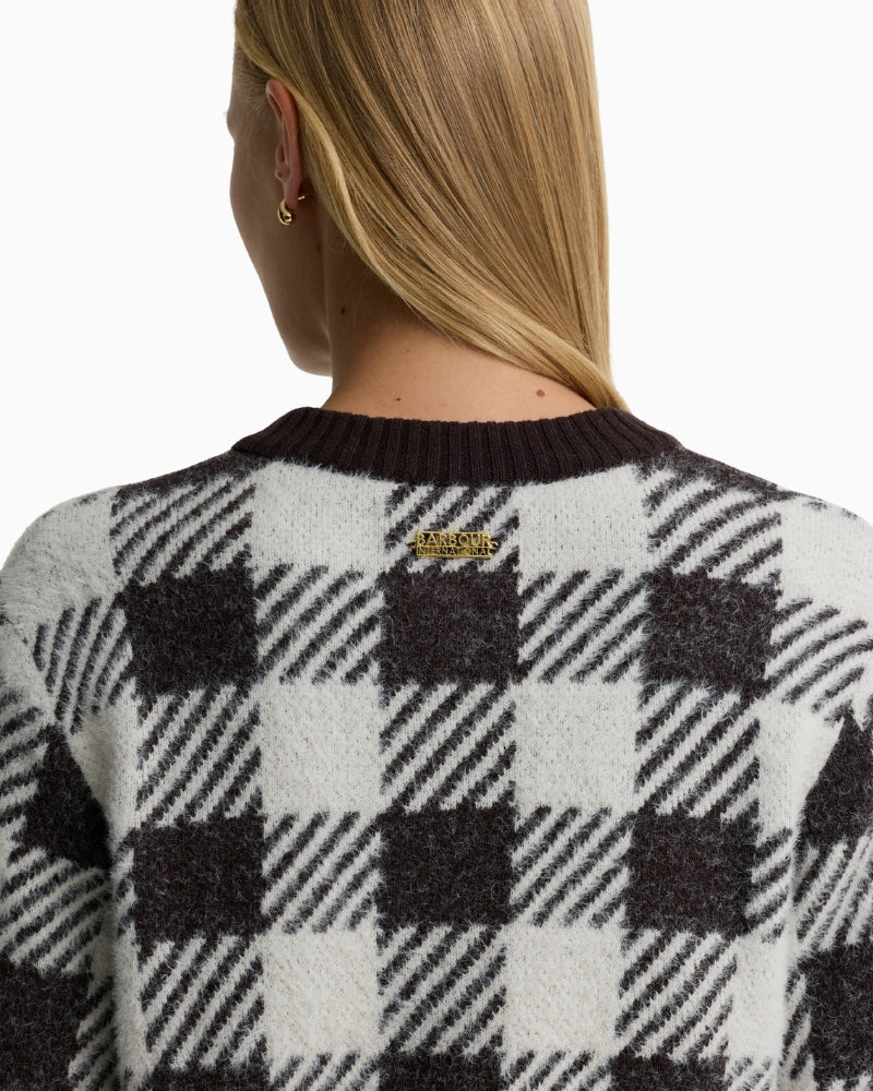 Barbour Halina Gingham Cardigan in Brown/Cream back logo detail