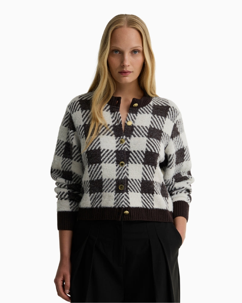 Barbour Halina Gingham Cardigan in Brown/Cream front view