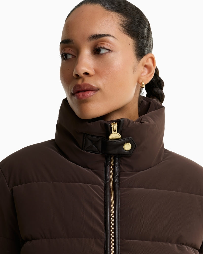 Barbour Halina Puffer Jacket in brown funnel collar detail