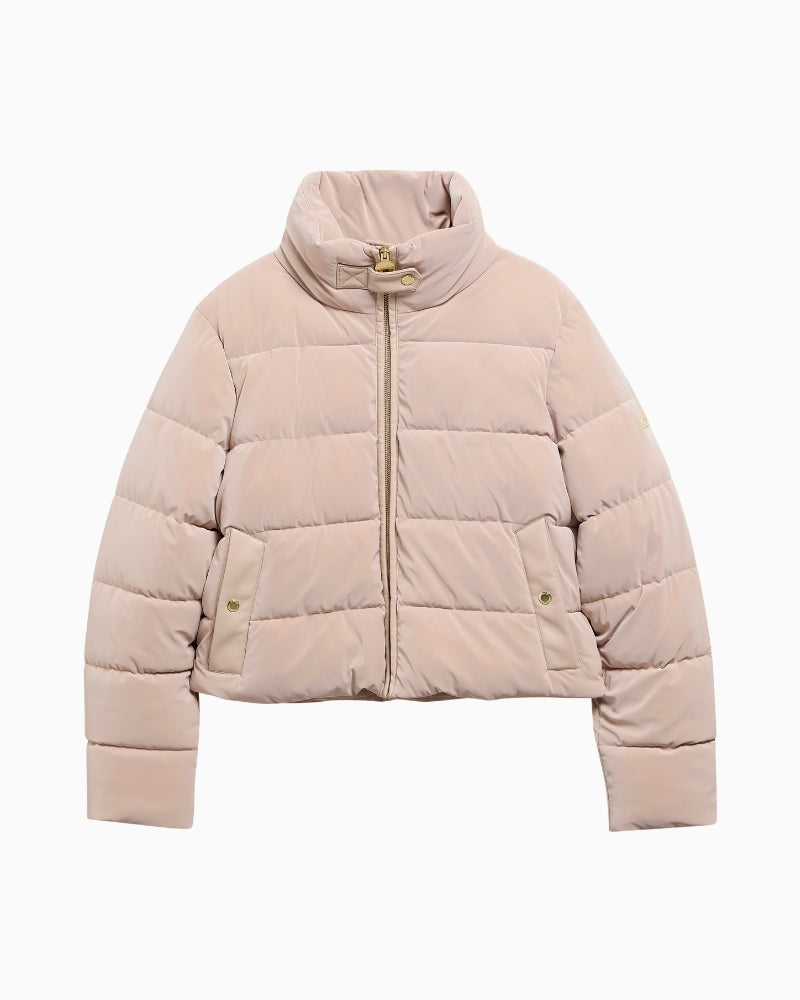 Barbour Halina Puffer Jacket in light beige faux leather trim detail