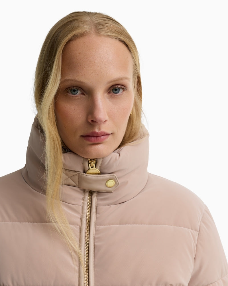 Barbour Halina Puffer Jacket in light beige funnel collar detail